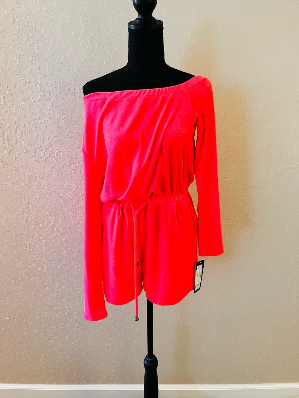 bebe Neon Pink Off-Shoulder Long-Sleeve Romper